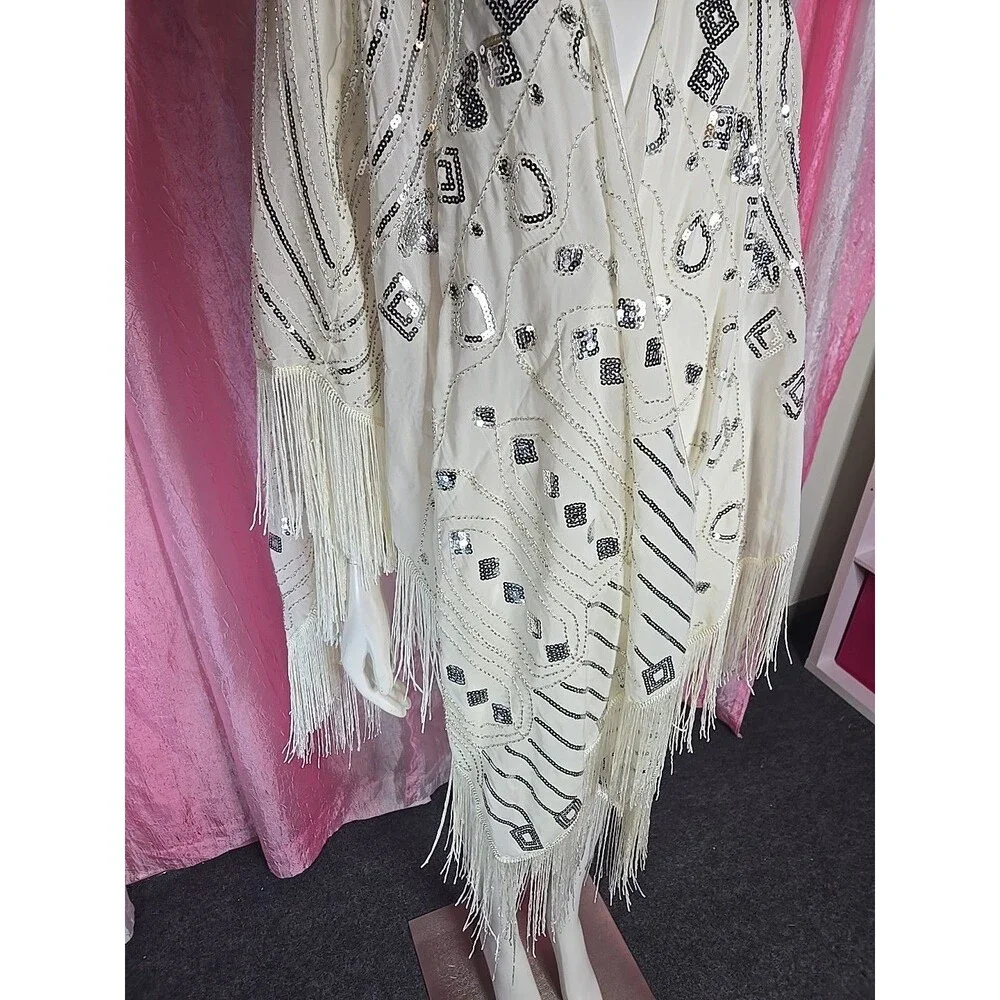 Anna Kaci Exquisite White Sequin Fringe Statement Shawl Wrap One Size